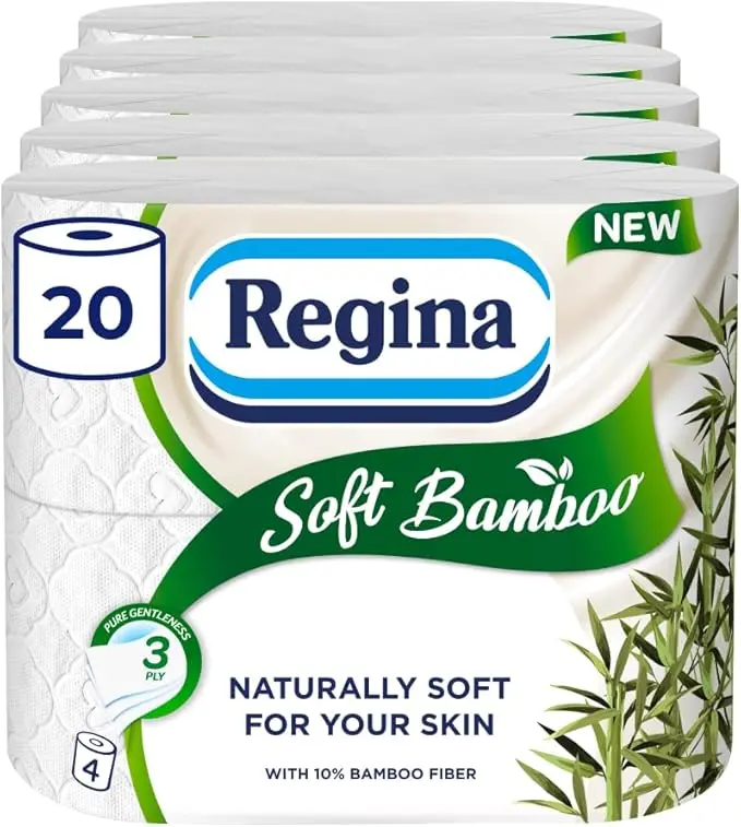 Regina Soft Bamboo - 20 Rolls of Toilet Tissue 3 Ply, 160 Sheets, Naturally Soft for Your Skin, Toilet Tissue Made with Bamboo Fibers, Paper Packaging, FSC Certificated