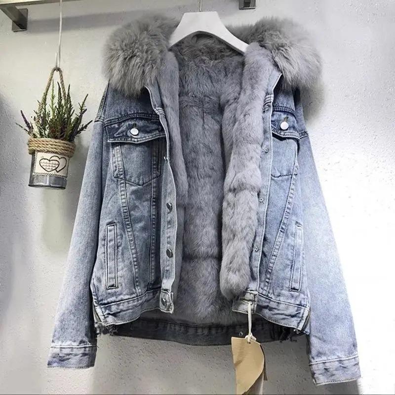 Product Introduction of Winter Women Warm Basic Coat Big Fur Collar Denim Jacket Female Cold Motorcycle Jackets Outerwear Fleece Thick Casual Overcoat 2