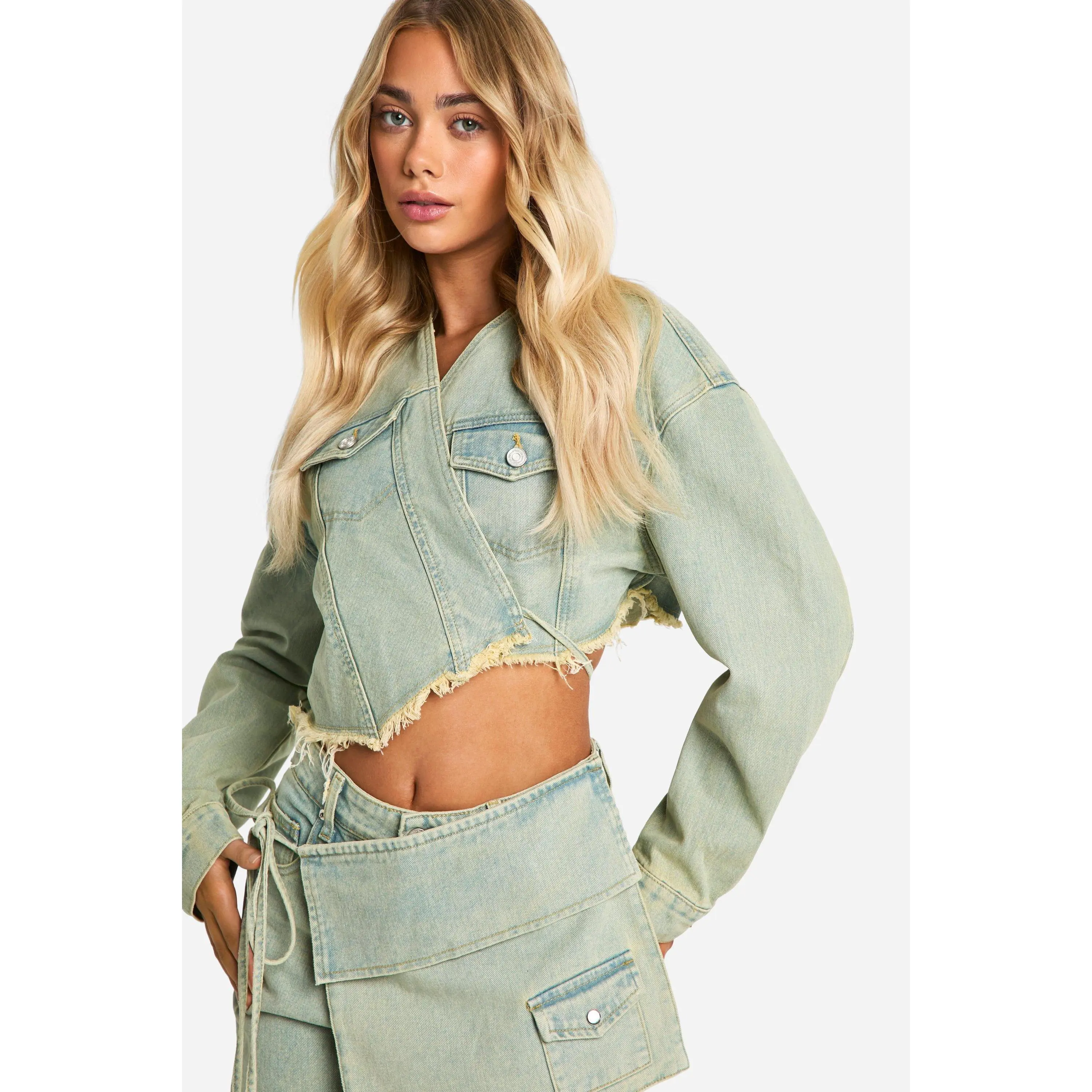Fray Hem Tie Waist Detail Crop Denim Jacket
