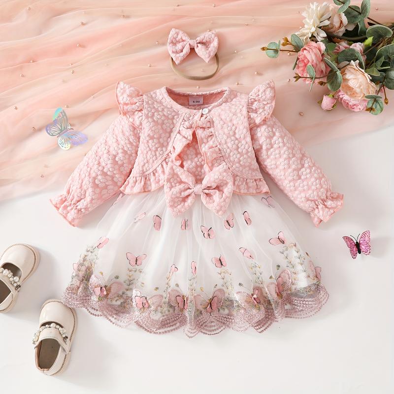 Product Introduction of 3pcs Fashion Casual Girl Butterfly Style Long Sleeve Ruffle Short Top + Sleeveless Mesh Butterfly Dress + Bow Hair Tie 3