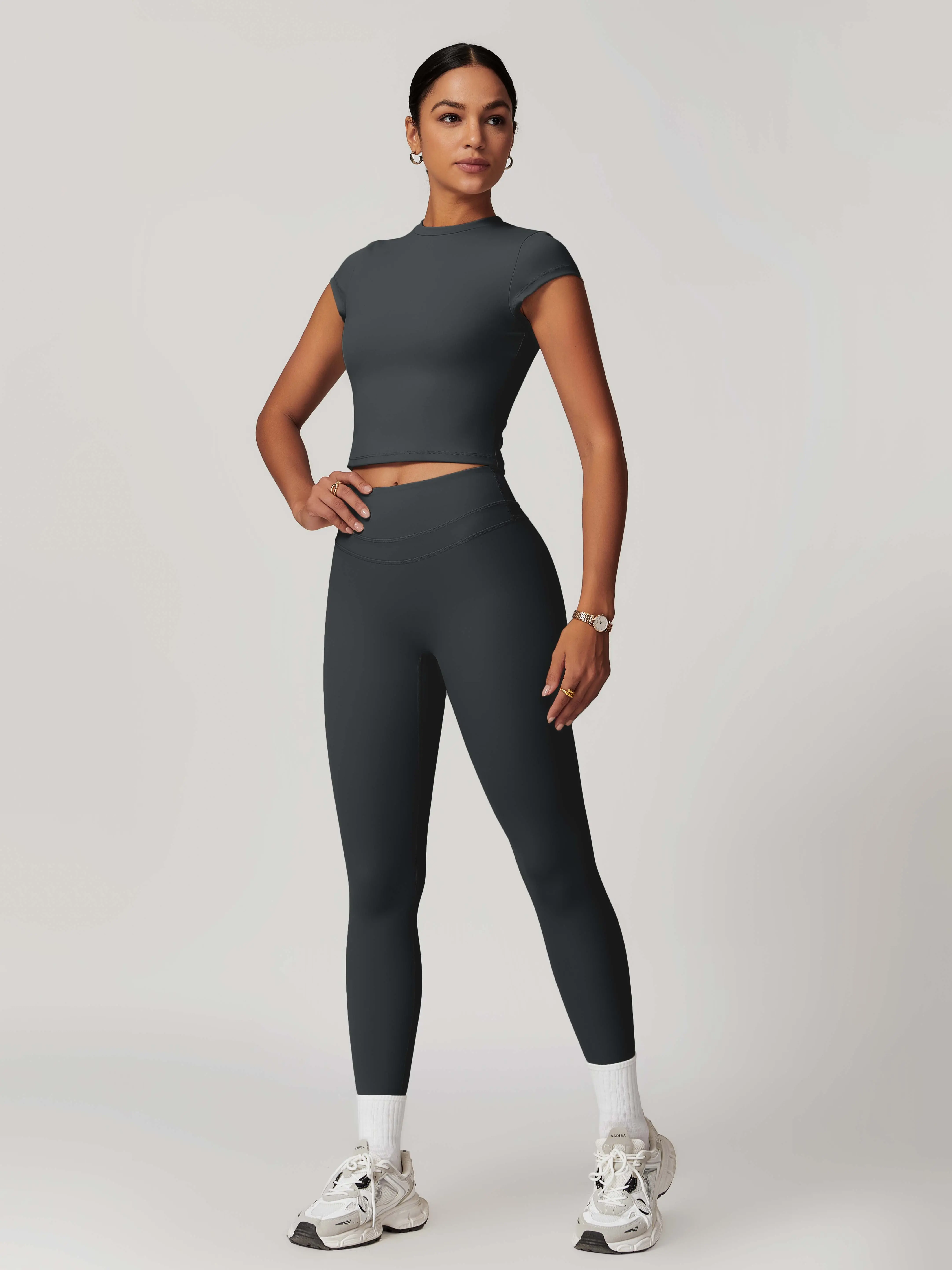 Women's Sporty Short Sleeve Top and Leggings Two Piece Set