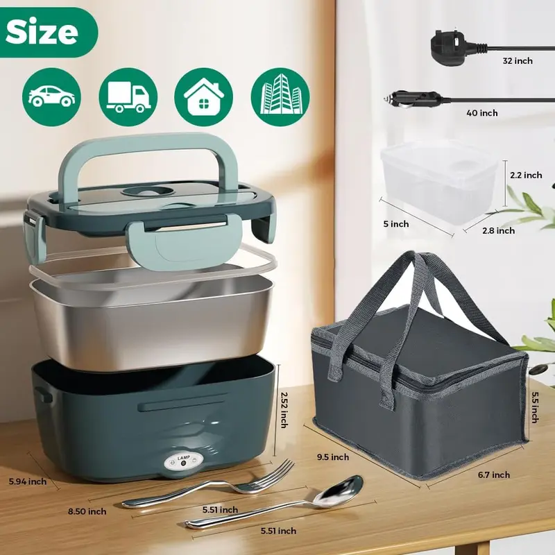 Electric Thermal Heated Lunch Box with Compartments for Fruits, 3-in-1 Lunch Bag for Adults, Car and Office, Tableware 5