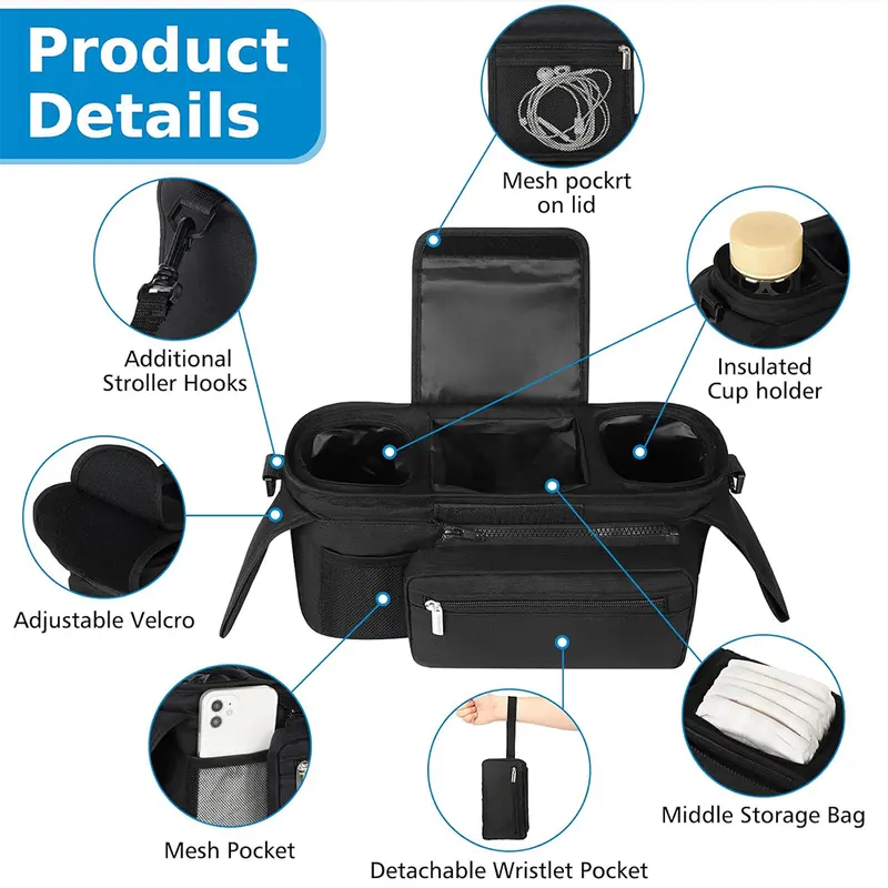 Baby Pushchair Organiser with 2 Insulated Cup Holders and Large Capacity for Baby Essentials-Convenient Compact Design Fits Any Pram Handlebar. Universal Stroller Organizer with Insulated Cup Holder Detachable Phone Bag Shoulder Strap. 3