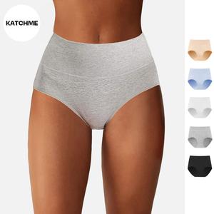 KatchMe Women's Cotton Solid Color High Waist Seamless Skin-Friendly Breathable Panties,5 Pack Double-Layer Stretch Panties,Multipack Soft Cotton Underwear