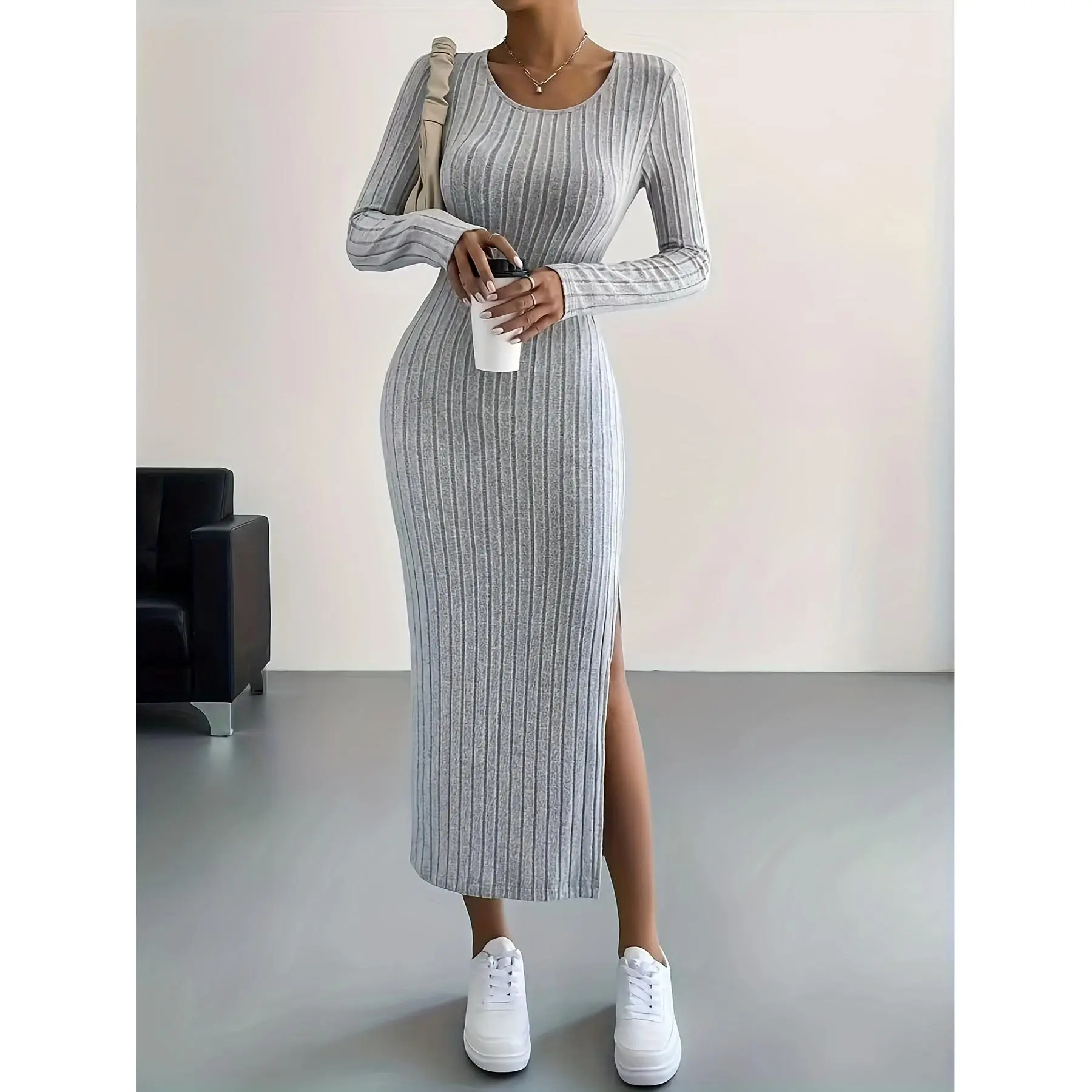 Ribbed Knit Long Sleeve Dress, Casual Crew Neck Split Hem Slim Dress, Women's Clothing Womenswear Summer Comfort Basic Crewneck Minimalist