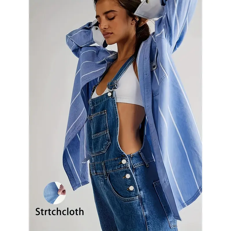 Women's Casual Denim Overalls, Rayon Blend, Solid Color, Long Length, Regular Fit, with Strappy Back Detail, for All-Season Woven Fabric, Casual Denim Wear|Stylish Strappy Overalls|Rayon Blend Fabric 5