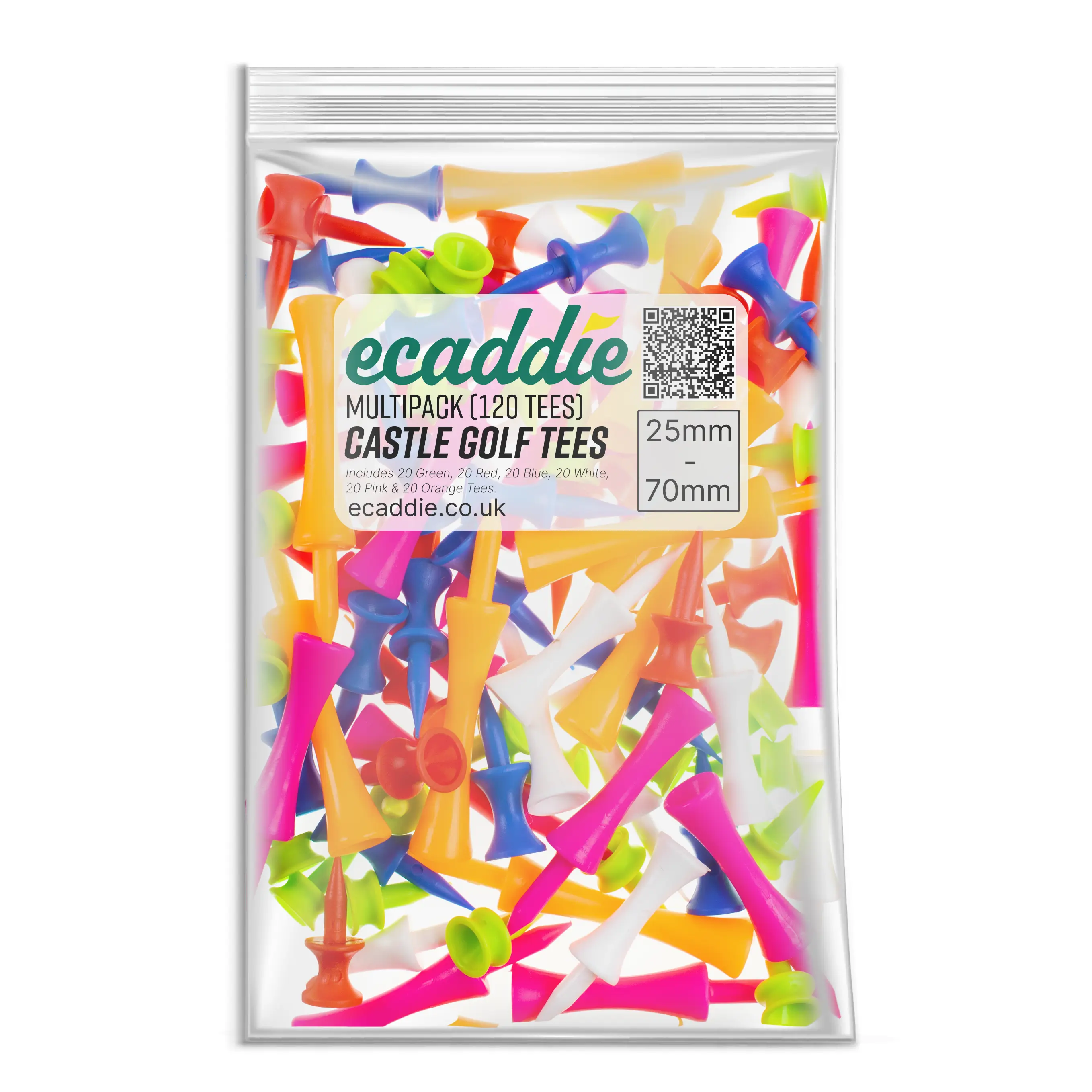 Ecaddie Plastic Castle Golf Tees - Small & Large Multipacks (50 / 120 Tees) - 25mm - 70mm Tee Heights - Lime Green, Red, Blue, White, Pink & Orange golf tee