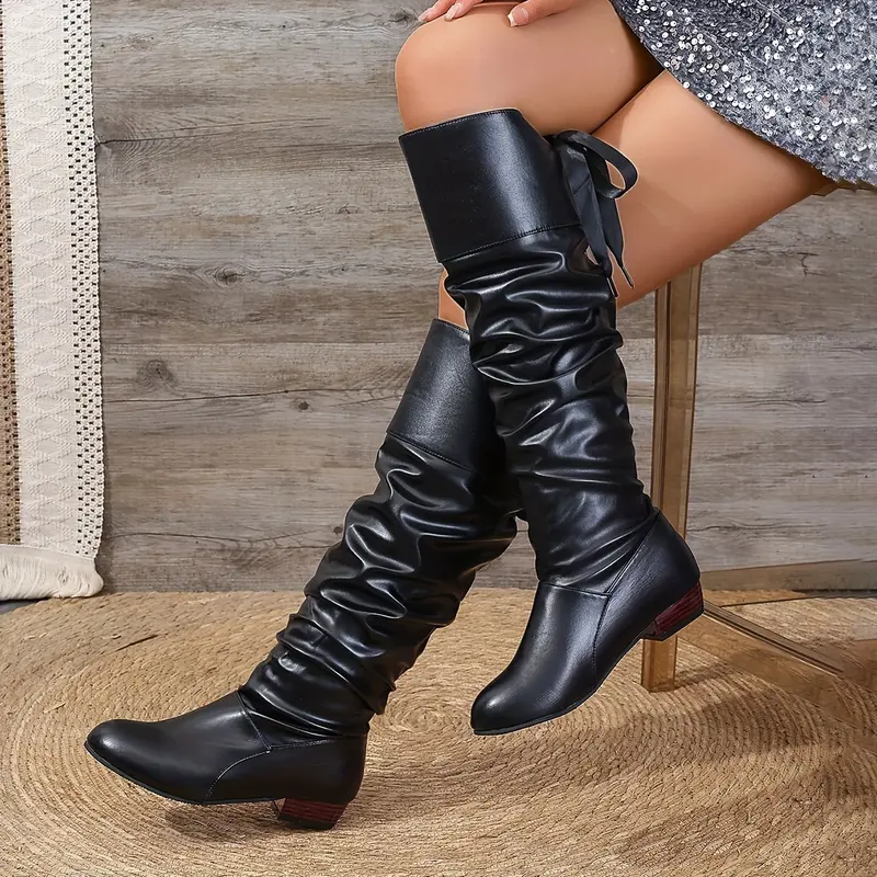 [Comfortable Boots] Elegant Women's Knee-High Boots with Bow Detail - Square Toe, Chunky Low Heel, Lace-Up, Faux Cover & Rubber Sole, Available in White, Black, Red 4
