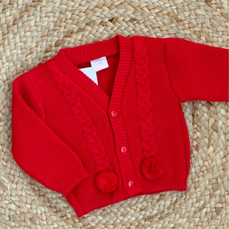 RILEY BABY BOYS CABLE KNIT POM POM CARDIGAN WHITE BEIGE NAVY BABY BLUE GREY 1
