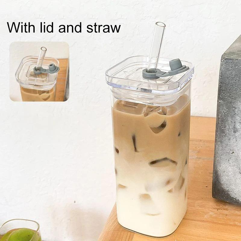 Product Introduction of 1Pcs Square Heat Resistant Coffee Glass Cup With Lid and Straw Transparent Milk Tea Juice Cups Coffee Mug For Home Bar Drinkware 24