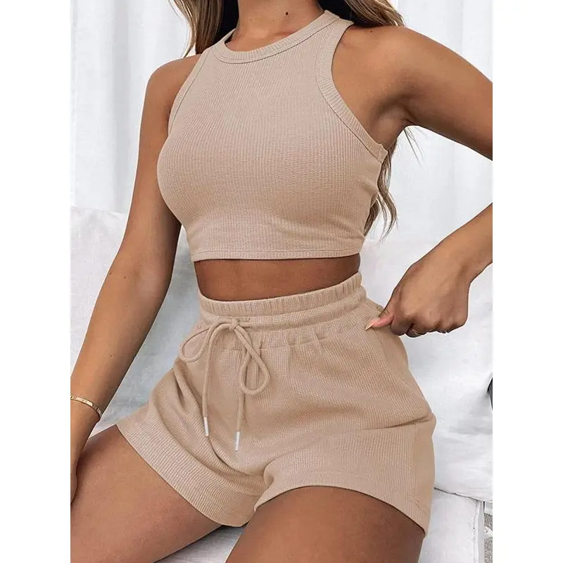 Two-piece Set Women's Solid Waffle Textured Shorts Set, Co Ords for Women, Round Neck Crop Tank Top & Drawstring Pocket Shorts, Co Ord Sets, Ladies Clothes for All Seasons, Back To School Outfits