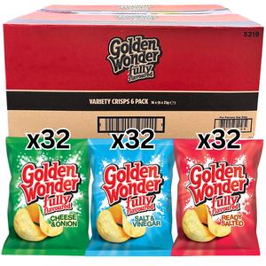 Golden Wonder Fully Flavoured Variety Crisps - Pack of 96 x 25g (16x6pk) - Flavours: 32x Cheese & Onion, 32x Salt & Vinegar, 32x Ready Salted - Potato Crisps, Crunchy Snacks
