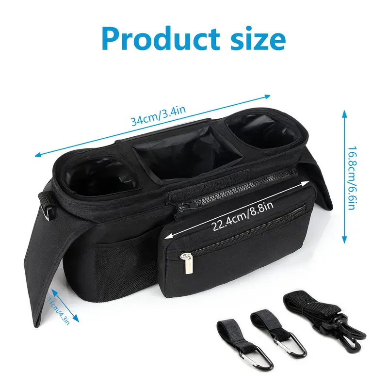 Baby Pushchair Organiser with 2 Insulated Cup Holders and Large Capacity for Baby Essentials-Convenient Compact Design Fits Any Pram Handlebar. Universal Stroller Organizer with Insulated Cup Holder Detachable Phone Bag Shoulder Strap. 5