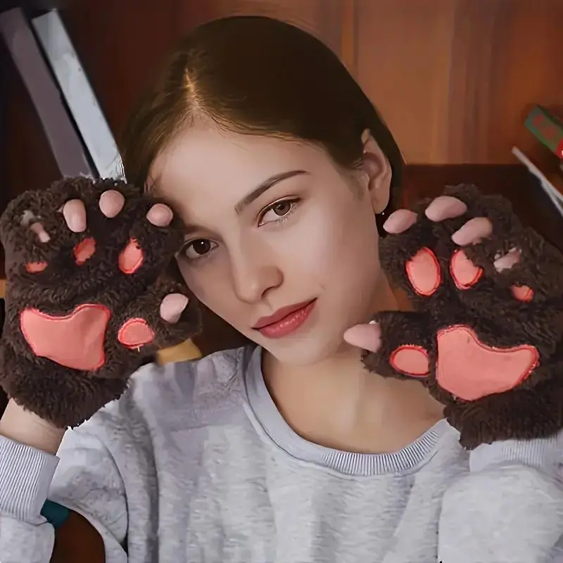 Cozy Plush Half Finger Gloves with Cat Claw Design, Soft and Warm Winter Gloves for Women 5