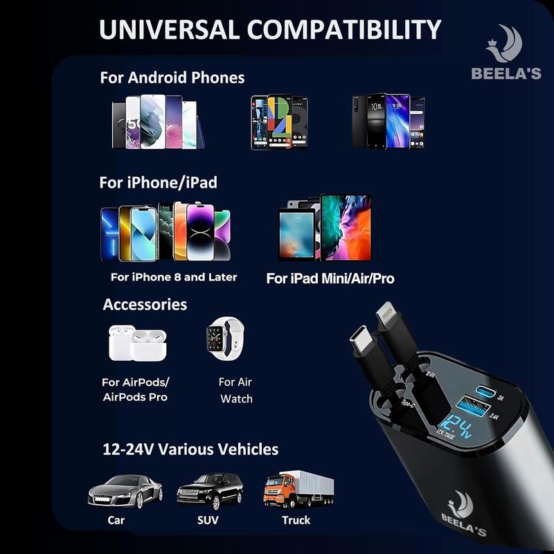120W Retractable Car Charger, 4 in 1 Fast Car Charger Adapter with USB/USB-C Ports & 2 Retractable Cables, Car Phone Charger For iPhones, Samsung Galaxy, Google Pixel, Sony, Xiaomi, OnePlus 5