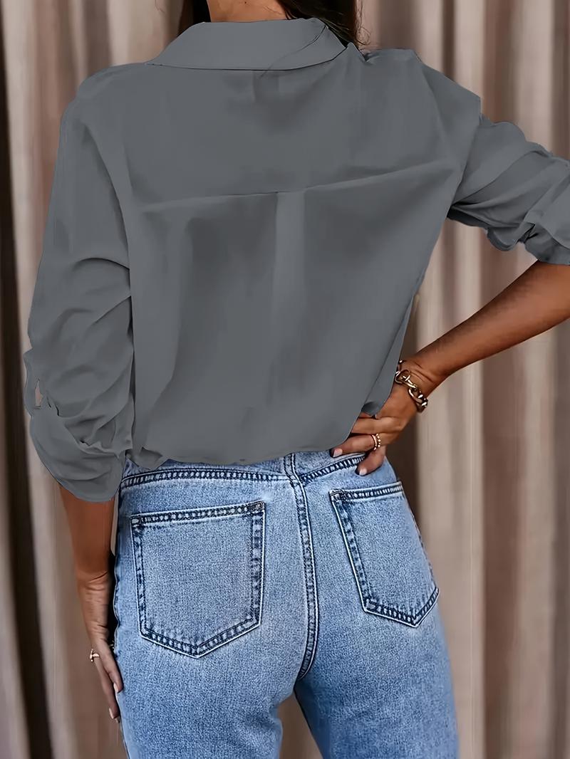 Product Introduction of Solid Button Front Shirt, Casual Turn Down Collar Office Work Shirt, Women's Clothing 11