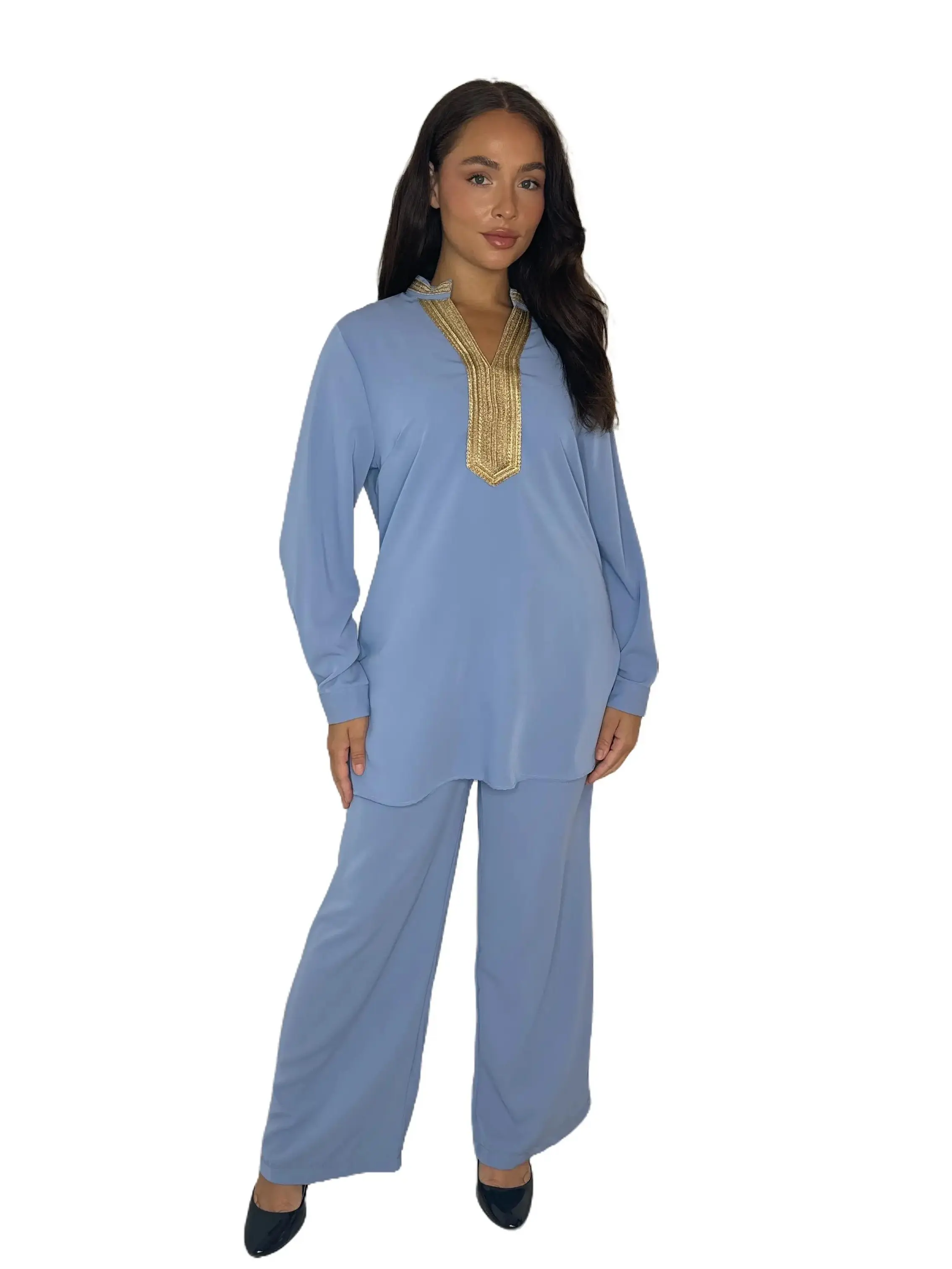Mock Embroidered Classic V-Cut Neck Tunic And Wide Leg Trousers Traditional Clothing Coord Set Comfortable Elegant Womenswear