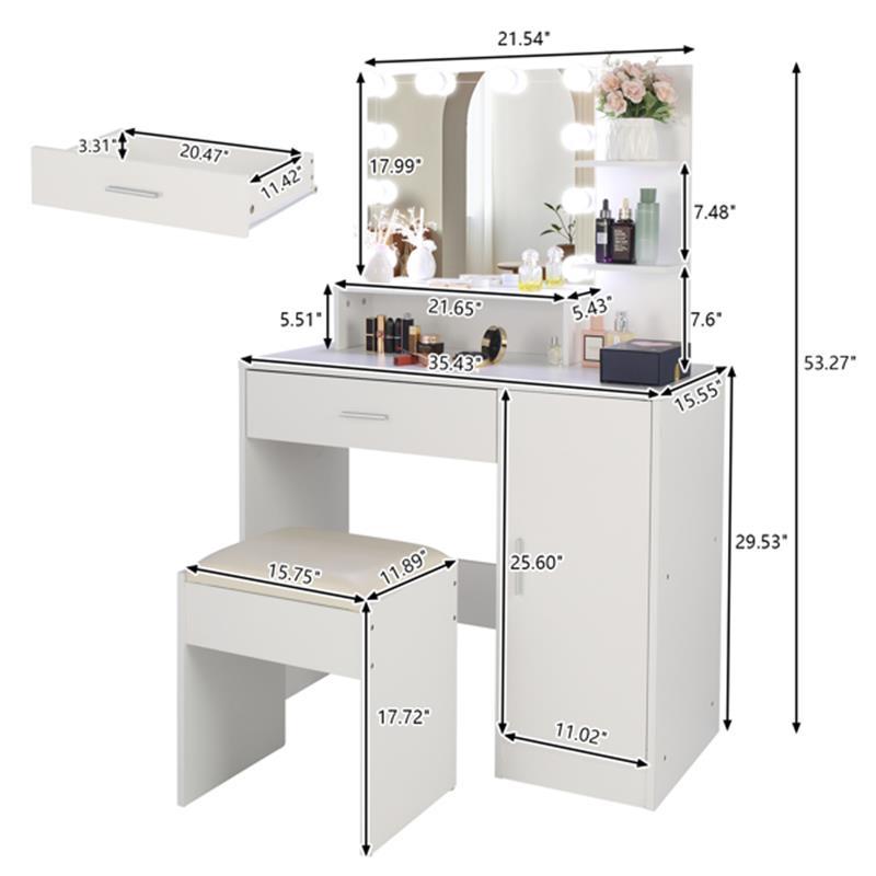 Large Vanity Set with LED Bulbs – Makeup Table with Stool, Storage Shelves, Drawer, and Cabinet – Perfect for Women and Girls, White 8