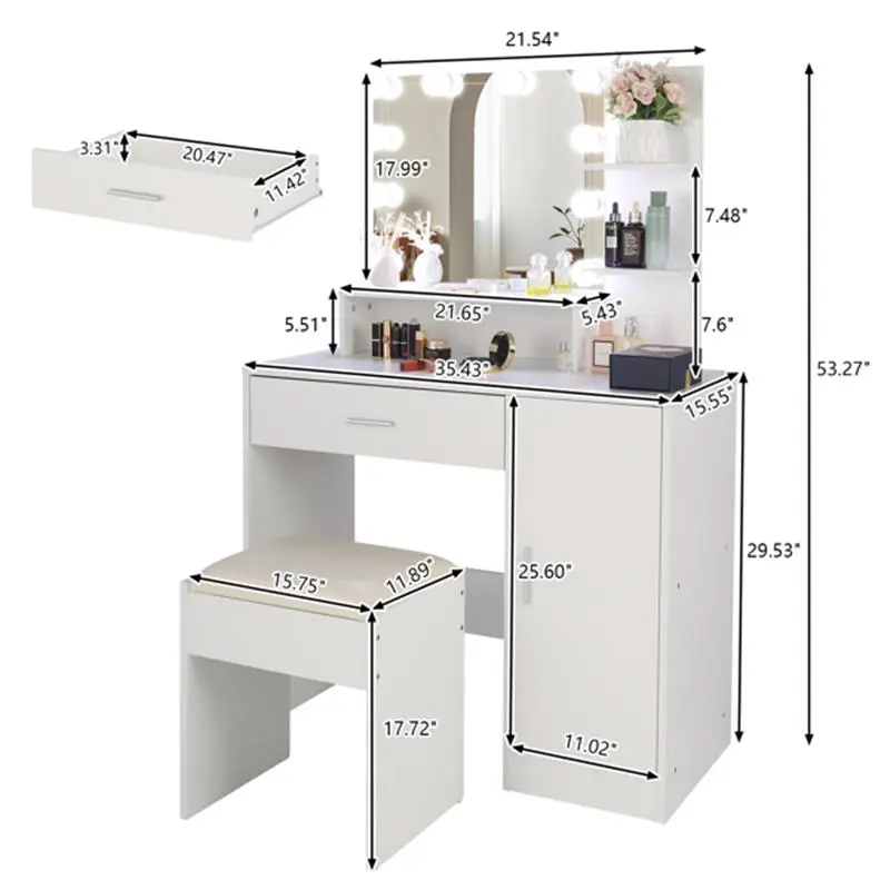 Large Vanity Set with LED Bulbs – Makeup Table with Stool, Storage Shelves, Drawer, and Cabinet – Perfect for Women and Girls, White 8