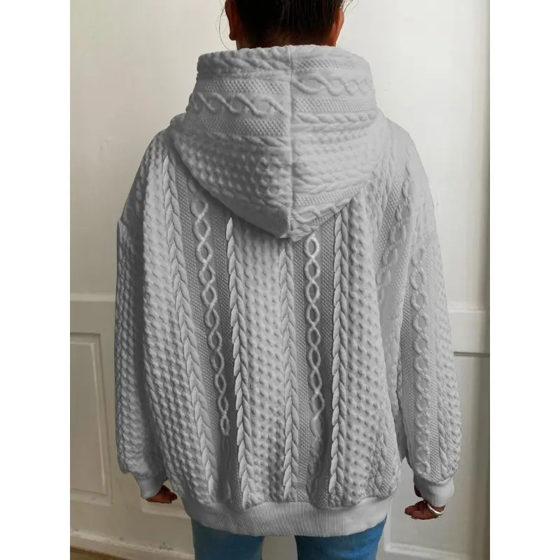 Plus Size Casual Hoodie, Women's Plus Solid Ribbed Long Sleeve Slight Stretch Hoodie Drawstring Sweatshirt Womenswear Tops Comfort Pullover Basic Minimalist 7