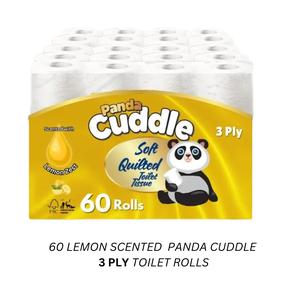 Panda Cuddle 60 Toilet Rolls, Lemon Scented, 3 Ply, Soft Quilted White Tissue - Sheets, Lightweight Towel