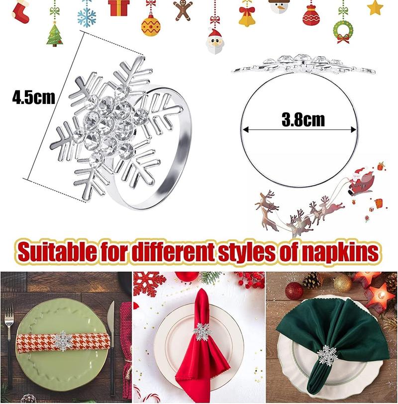 Product Introduction of 10Pcs Christmas Napkin Rings, Silver Snowflake Napkin Holders Xmas Napkin Buckle with Rhinestone for Christmas Lunch Thanksgiving Party Holiday Wedding Table Decoration (4.5cm x 4.5cm) Smooth Ornaments 3