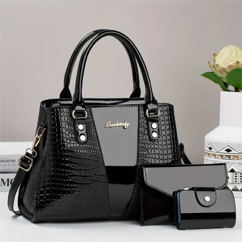 3pcs Elegant Faux Leather Satchel with Crocodile Pattern, Sequined, Spacious Multi-Functional Bag, Lightweight Fashion Handbag with Zip Closure and Fixed Shoulder Straps, with Spandex Lining for Women 6