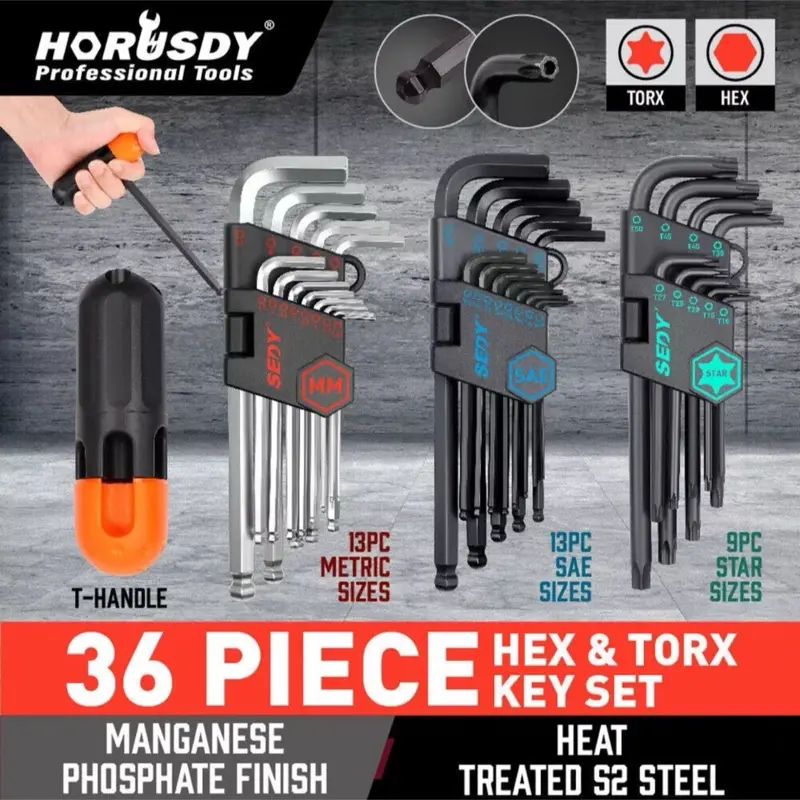 36Pcs Allen Key & Star Torx Hex Ball End Wrench Security Bit Metric SAE Long Set for Hand Tools