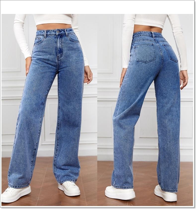 Product Introduction of Women Jeans Straight Pants Denim Washing High Waist Loose Fit Pockets Basics Ankle Length Pants Solid Color Slight Strech 6