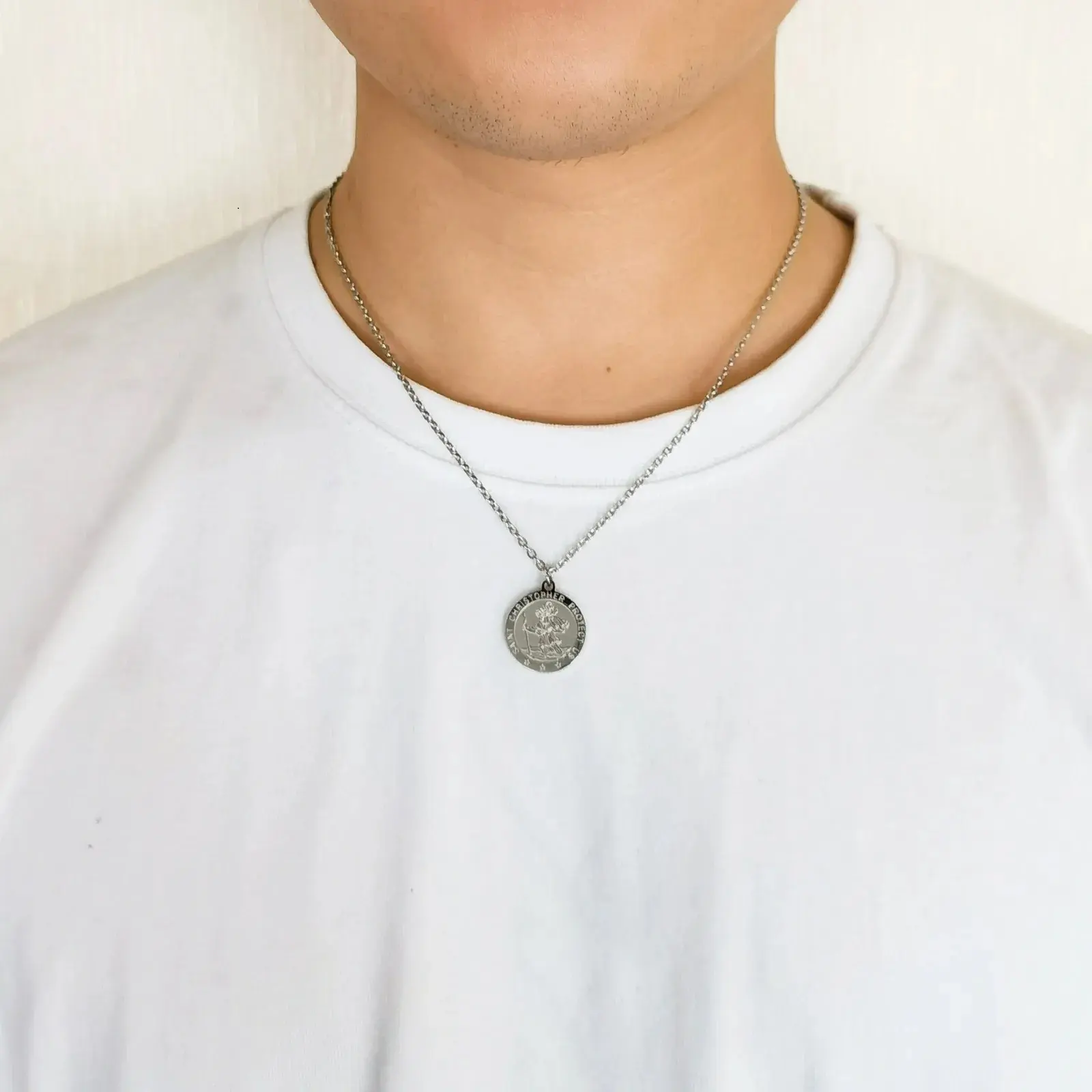 "Elegant Men's Stainless Steel St. Christopher Necklace – Durable and Stylish Protection"