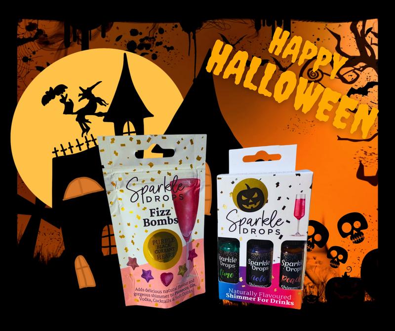 Sparkle Drops Halloween Bundle - Peach, Violet & Lime Syrups with Blackcurrant Heart Fizz Bombs for Drinks-Prosecco, Gin, Vodka, Cocktails & Mocktails - 44 Servings. (Dairy Free, Fruity, Low Fat, Natural Flavours) Sweet Beverage edible glitter 7