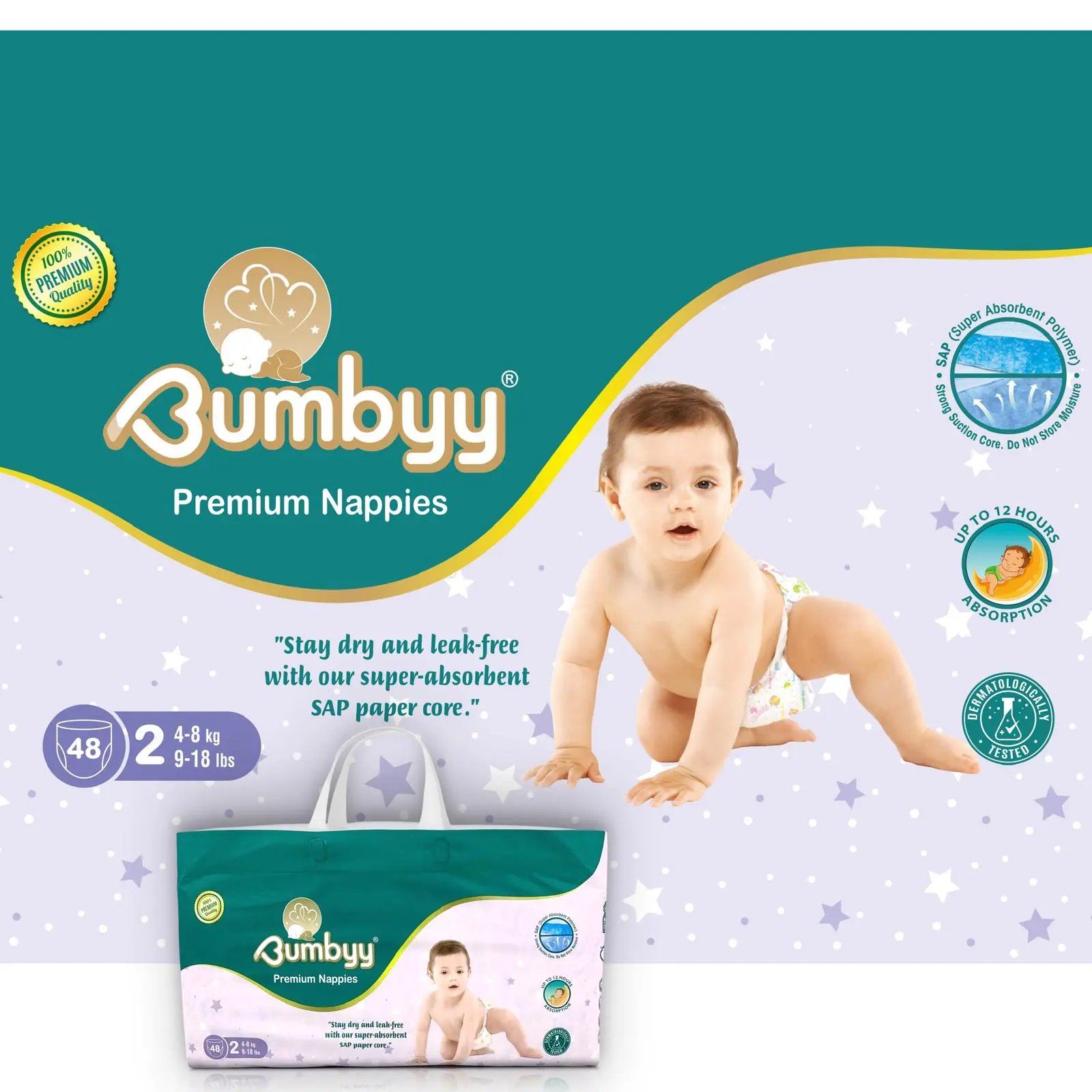 Bumbyy Premium Nappies: Eco-Friendly, Hypoallergenic, Ultra-Absorbent SAP Core, 12Hr Leak-Free, Soft & Thin for Sensitive Skin (Size 2 (48 Count))