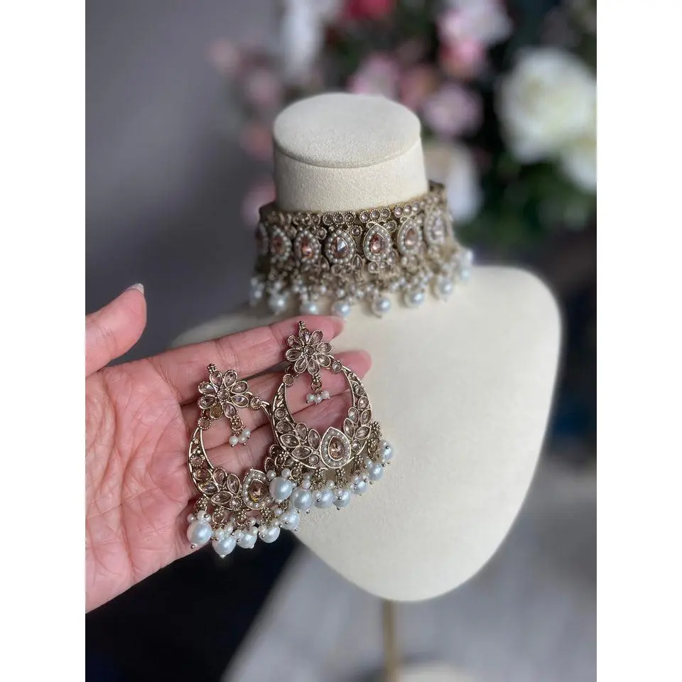 Moon Antique Indian Polki| Bridal Indian Necklace Jewelry Set desi jewelry