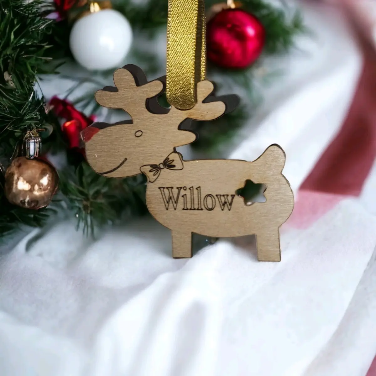 Personalized Em & Lottie's Boutique Reindeer Christmas Ornament - Handcrafted Wood Decoration - Tree