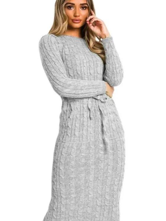 Ladies Women long Midi Cable Knitted Pocket Tie up Party Jumper Dress Casual Comfort Crewneck Soft Womenswear Chic Comfortable Cute Piece Sleeve Style Summer 2