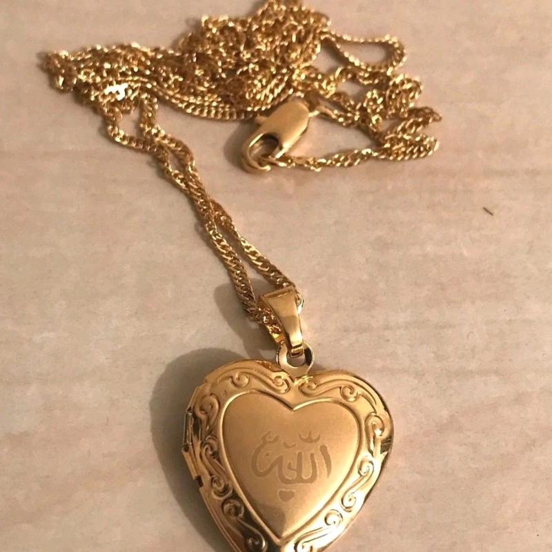Islamic Allah name heart shape Necklace Pendant Tawiz with gold colour chain jewelry matching jewellery locket 3