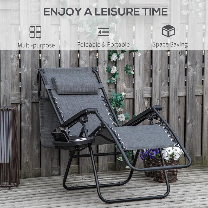 Outsunny Zero Gravity Garden Deck Folding Chair Patio Sun Lounger Reclining Seat with Cup Holder & Canopy Shade - Grey 3