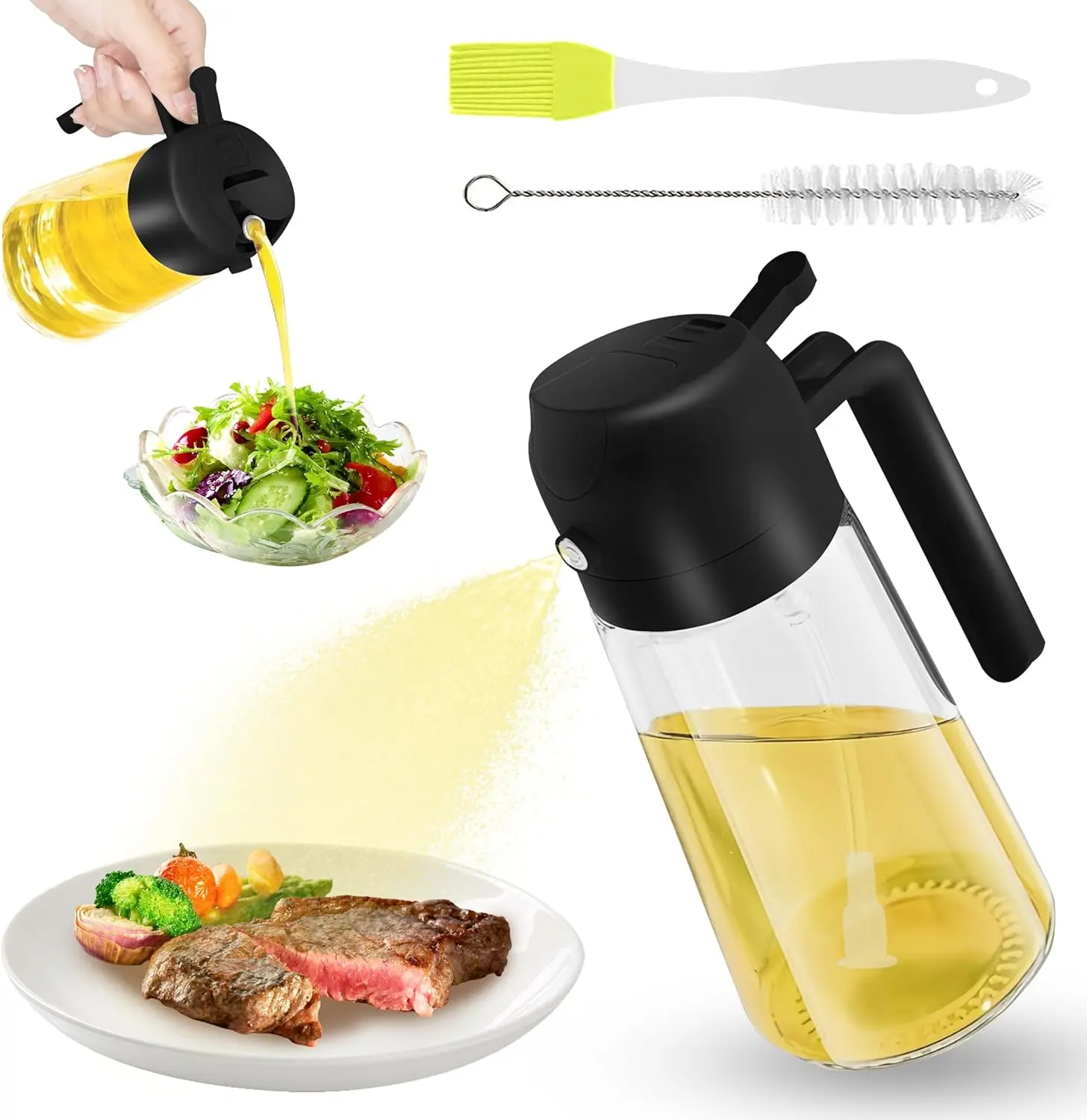 570ml 2-in-1 Oil Spray Bottle Olive Oil Dispenser Glass Bottle for Kitchen Air Fryer BBQ Baking Frying Salad with 2 Clean Brush (Black) Utensils