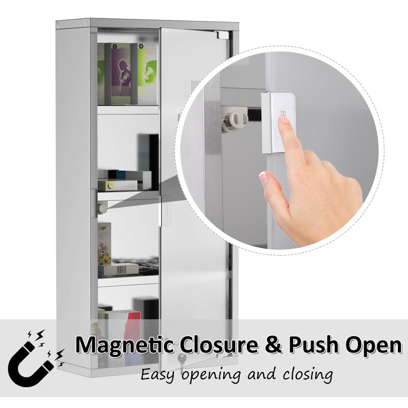 HOMCOM 4 Tier Stainless Steel Wall Mounted Medicine Cabinet Glass Lockable Door Storage Shelves Houseware Bathroom Furniture 60Hx30Wx12D(cm) w/2 Keys 3