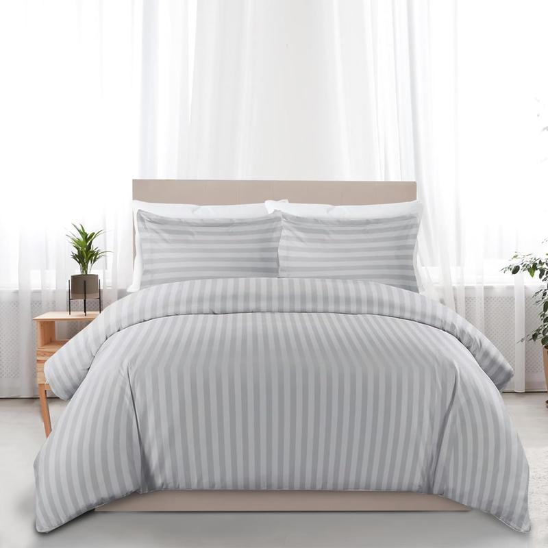 Satin Stripe Duvet Quilt Cover Bedding Set Single Double King Super-King Size W Pillowcases Microfiber Sleepdown Premium Hotel Quality Duvet Cover Set with Pillowcases Quilt Bedding Soft Easy Care Luxury Bed White Black Silver Cream Grey 8
