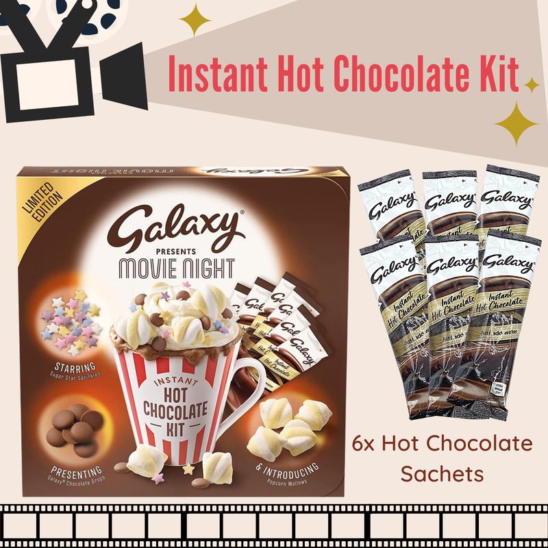 Movie Night Hamper - Galaxy Hot Chocolate Gift Set, Microwave Popcorn - Hot Chocolate Mix, Chocolate Drops, Marshmallows, Sprinkles - Birthday Hamper, Movie Night Box, Family Hamper, Snack Hamper 1