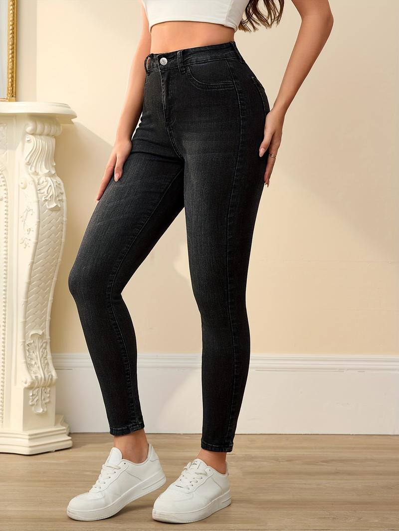Product Introduction of Women's High-Waisted Skinny Jeans, Stretch Denim, Casual Style, Classic Blue, Full Length Pants, Fashionable Everyday Wear 0