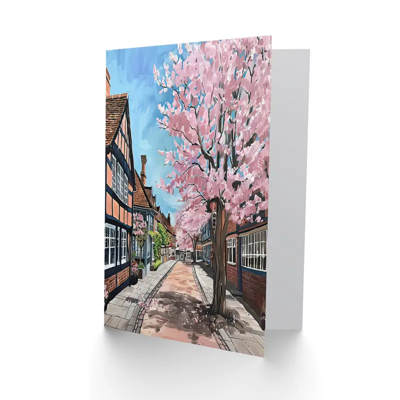 Cherry Blossom Lymm Village Cheshire Painting Birthday Art Card 1
