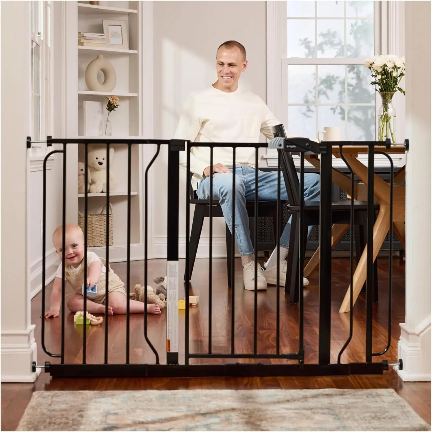 Easy Step 124cm Extra Wide Baby Gate, Black, Includes 10cm and 30.5cm Extension Kit, 4 Pack of Pressure Mount Kit and 4 Pack of Wall Mount Kit