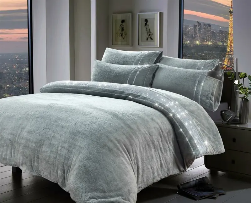 Diamante Teddy Fleece Duvet Quilt Cover Cosy Super Soft Bedding Set Pillow Case 1