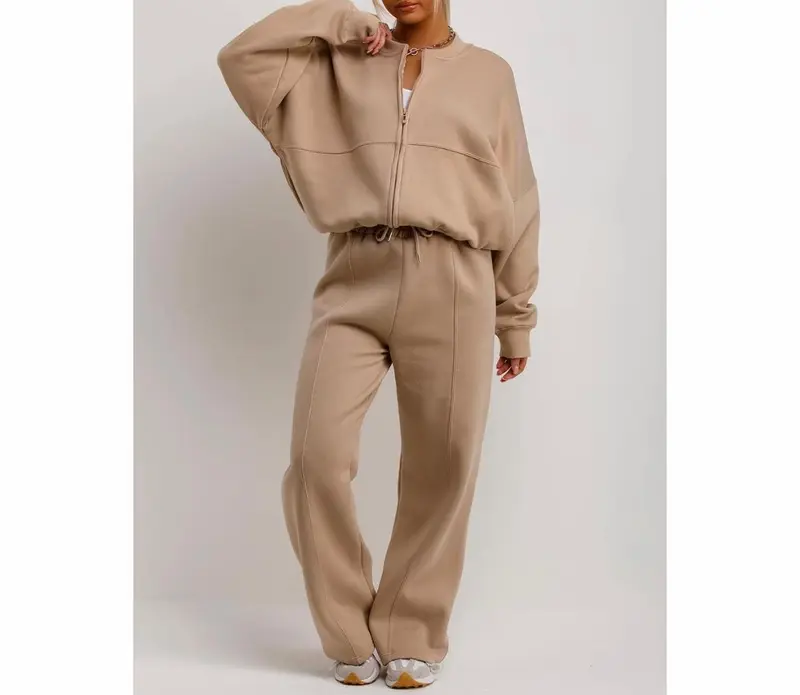 Bomber Sweatshirt With Zip And Joggers Loungewear Set Beige Womenswear 0