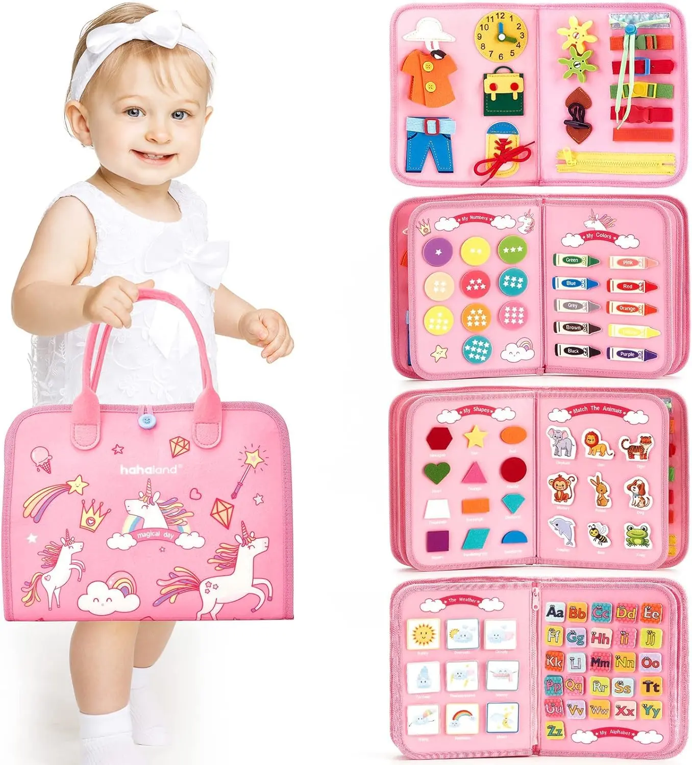 hahaland TOP 1 Montessori Busy Board for Toddlers 1 2 3 4 Years Old, Busy Book for Comprehensive Preschool Educational Playing, Baby Travel Toys for Plane Car, Birthday Gifts for Girls - Pink Unicorn