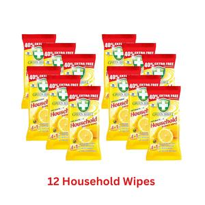 GreenShield Anti-Bacterial 5 in 1 Household Surface Wipes Box of 12 packs with 70 Wipes cuts through kitchen/bathroom grease and grime while leaving a lemon fresh scented. Convenient and easy-to-use for a healthier, cleaner home.