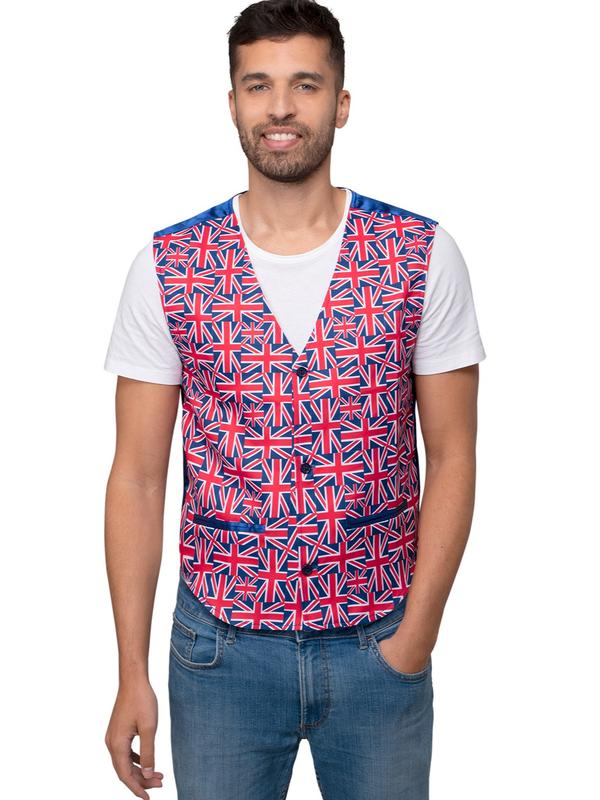 Smiffys Costume & Party Union Jack Print Waistcoat Mens Fancy Dress Costume Great Britain Eurovision United Kingdom Patriotic Outfit Red White and Blue Menswear Satin 0