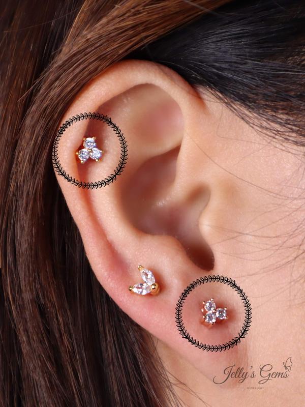 Three Zircons 18k Gold, Silver or Rose Plated Cartilage Helix Lobe Tragus Conch Earring | Screw Ball, Labret Back or Push Back | Hypoallergenic Surgical Steel Bar | Dainty & Stylish Piercing Jewelry for Women | Perfect for Everyday Wear Special Occasion 1